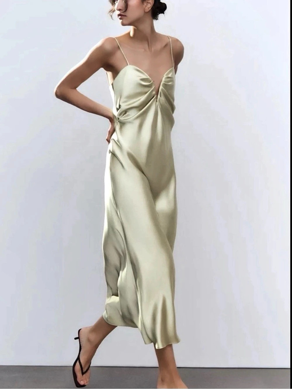 Zara Satin Slip Midi Dress in Green Size Large